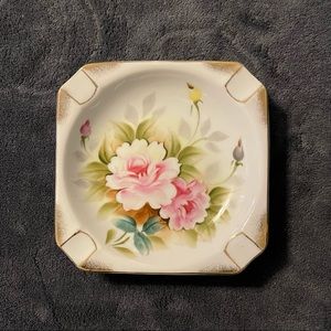 Beautiful Vintage Hand Painted Porcelain Ashtray With Pink Roses and Gold Trim.